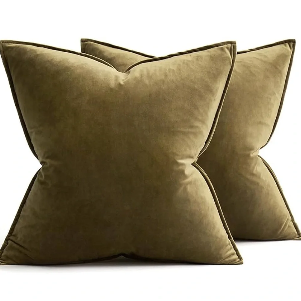 🆕 Olive Green VELVET Euro Accent Pillow Covers Luxury High End Hotel Vibes 26”